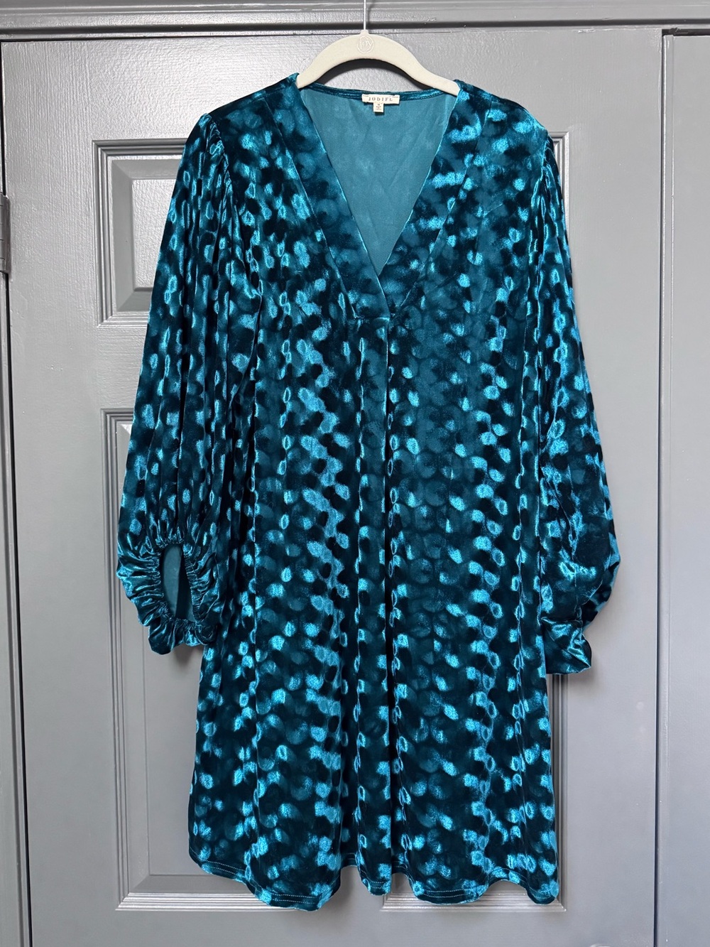 Velvet Teal Patterned V-Neck Dress